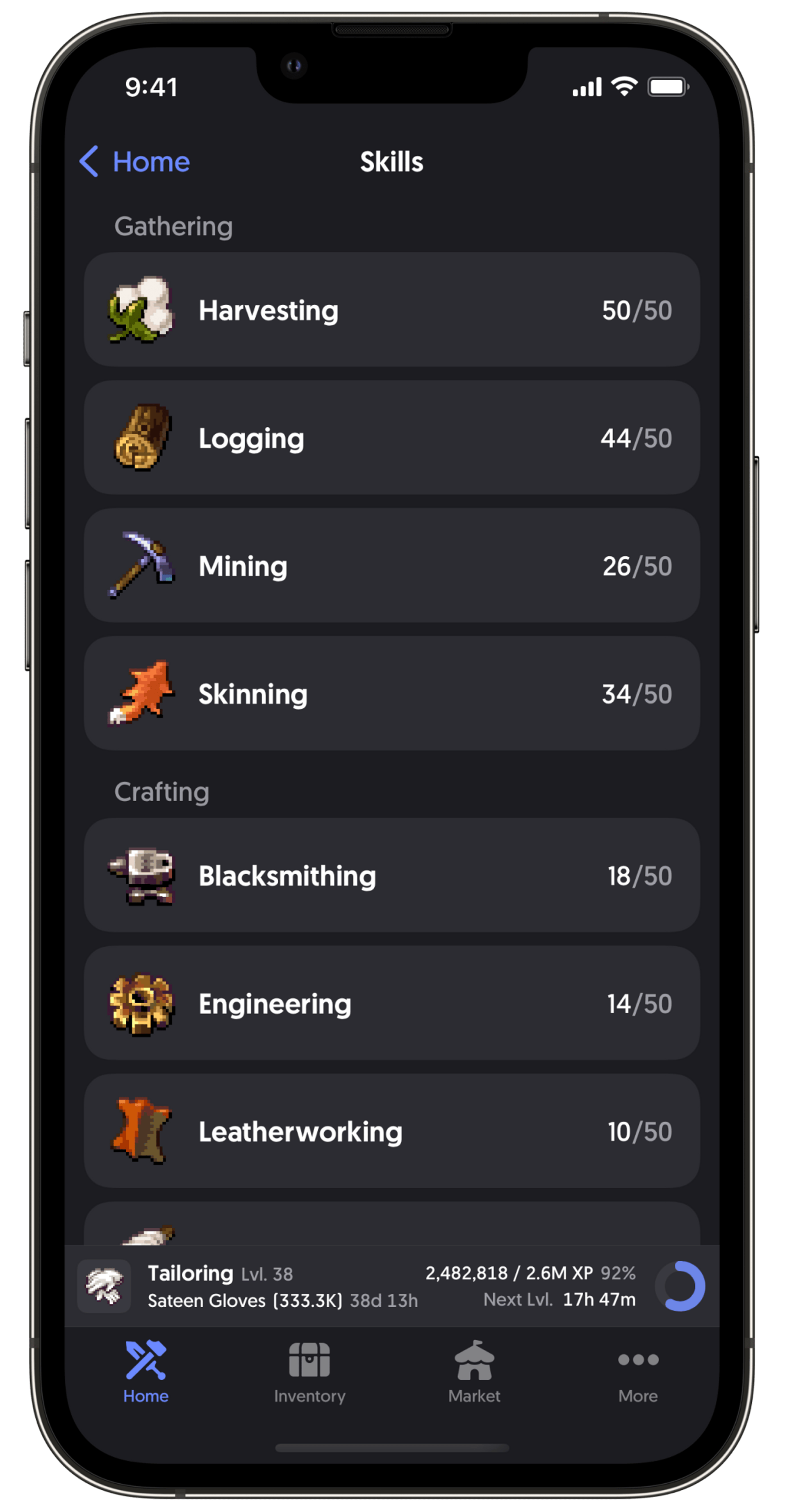 Craftbound's gathering and crafting skills on iPhone